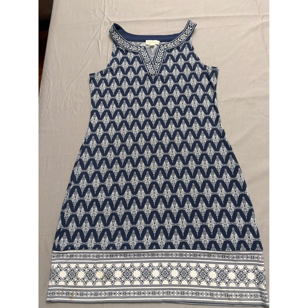 Magnolia Grace Navy Blue White Geometric Embroidered Shift Dress Womens Medium